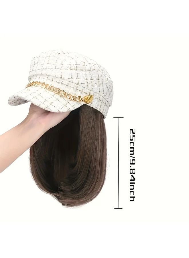 10 Inch Short Straight Hair Wig With Tweed Plaid Newsboy Cap For Women Color AT436 9 6A - Image 4